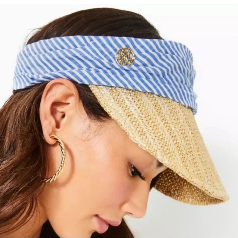 Lilly Pulitzer Blue & White Striped Headband with Gold Straw Visor